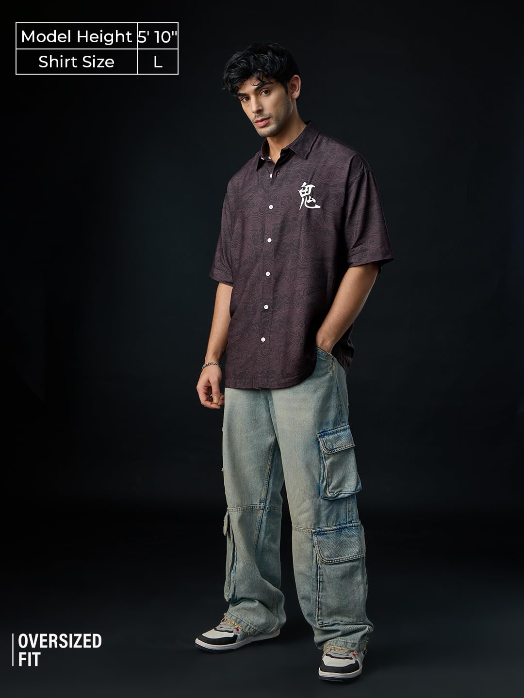 The Souled Store: The Last Shogun Men and Boys Short Sleeve Collared Neck Button Front Dark Brown Graphic Printed Rayon Oversize