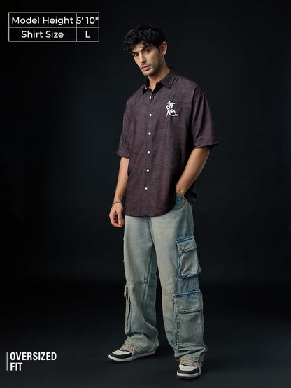 The Souled Store: The Last Shogun Men and Boys Short Sleeve Collared Neck Button Front Dark Brown Graphic Printed Rayon Oversize