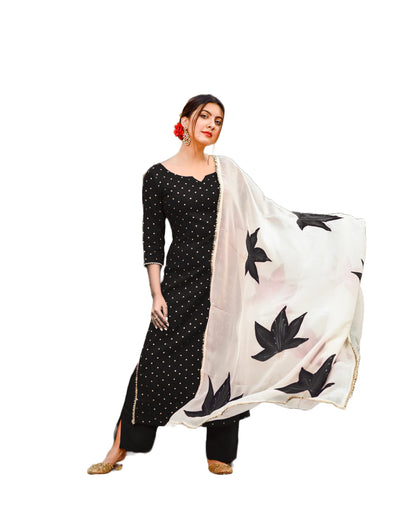 Anni Designer WomenS Rayon Straight Raspberry Handpainted Kurta With Palazzos & Dupatta (Rayon Sty Black_Xxl_Black_Xx-Large)