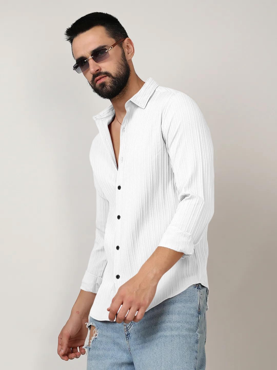 Finivo Fashion MenS Casual Cotton Plain Button Down Shirts Long Sleeve Textured Summer Beach Shirt For Men White