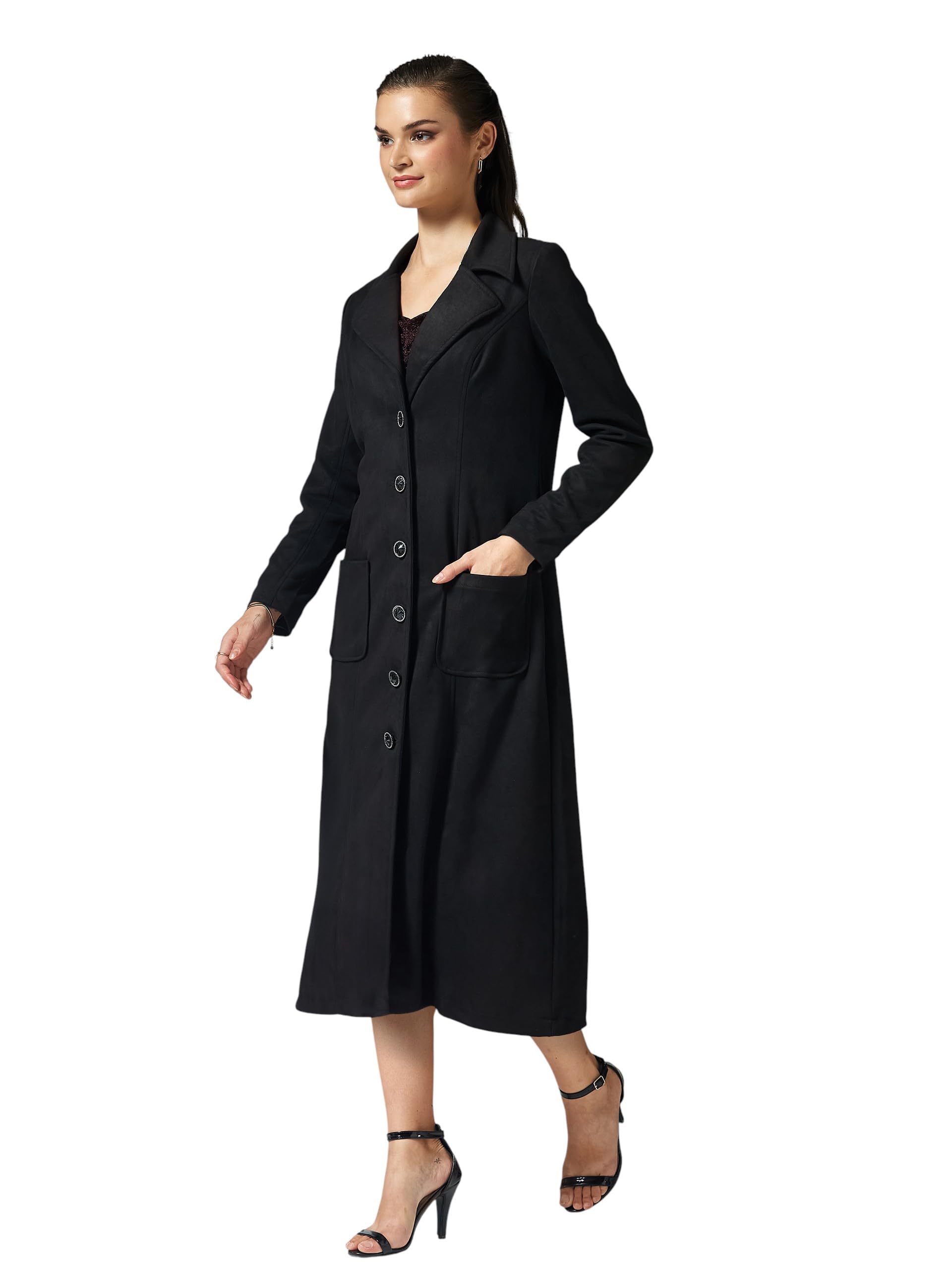 Miss Chase Womens V-Neck Full Sleeves Patched Pocketed Button Down Longline Winter Wear Jacket (MCAW25JKT99-70-62-06, Black, XL