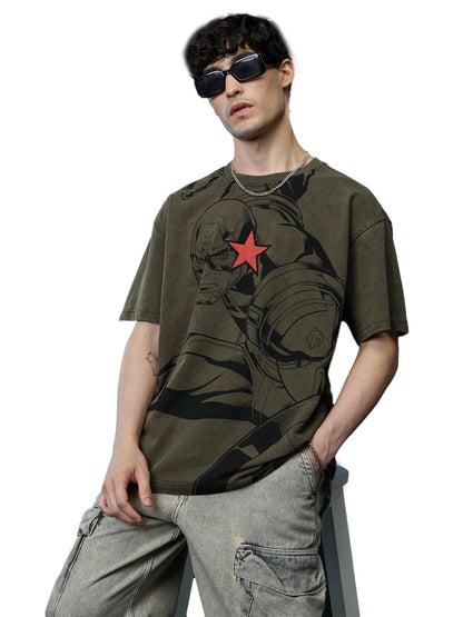 The Souled Store Captain America: Steve Rogers Men and Boys Short Sleeves Round Neck Green Embellished Cotton Oversized T-Shirts