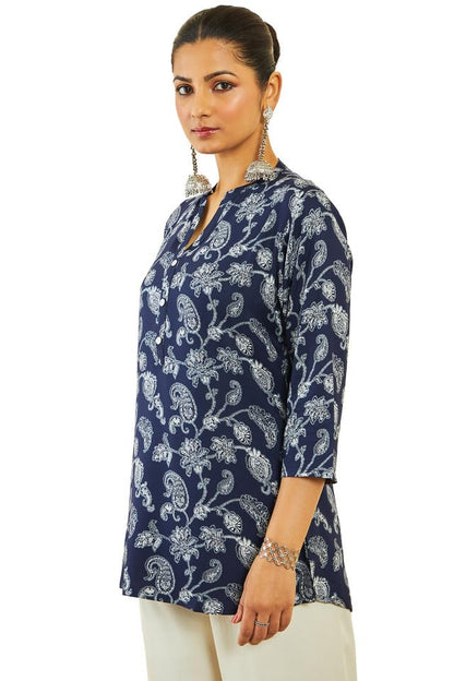 Soch Womens Blue Rayon Tunic with Floral and Paisley Print