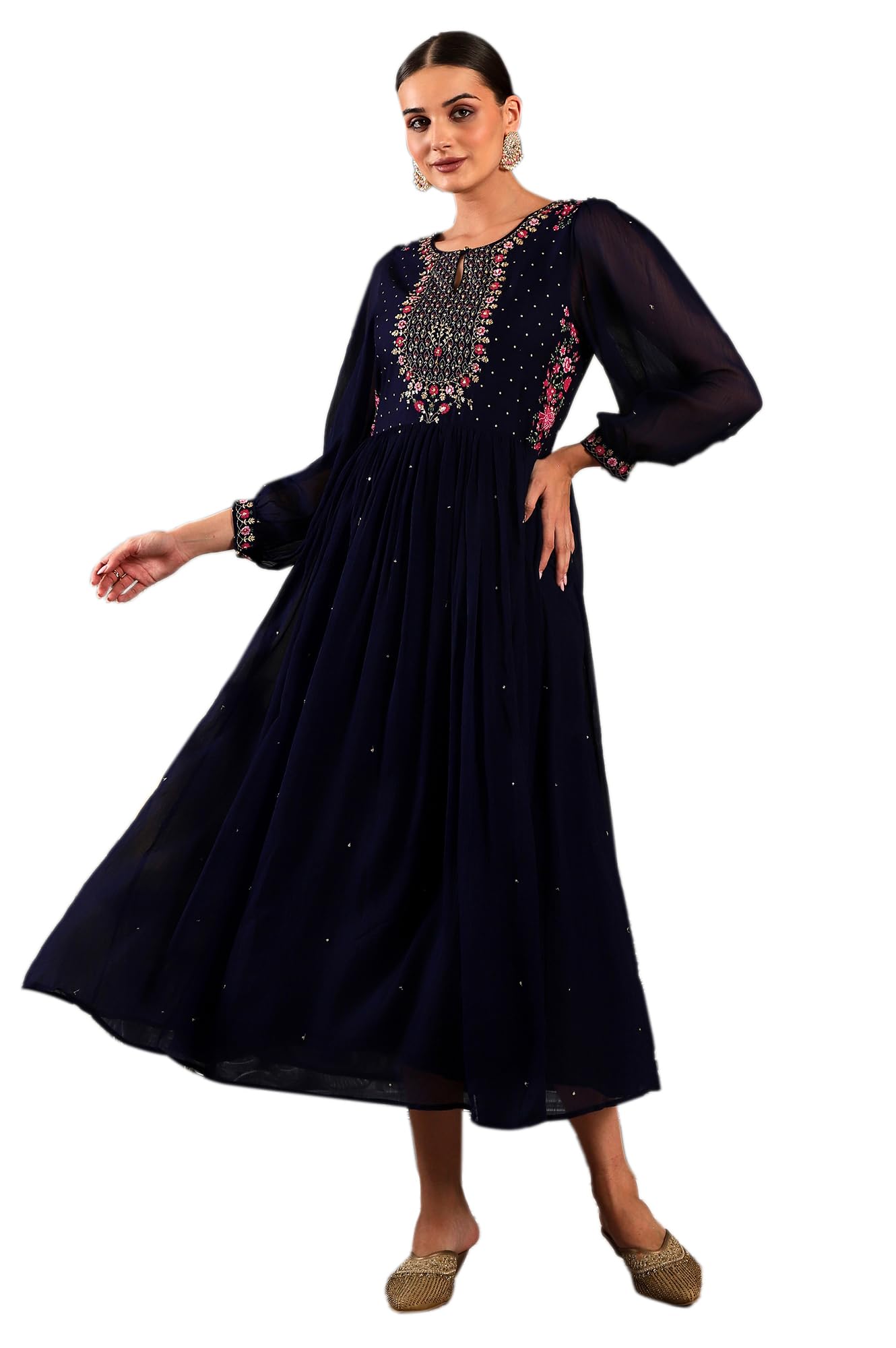 W Blue Floral Printed Synthetic Maxi Dress With Sequins For Women