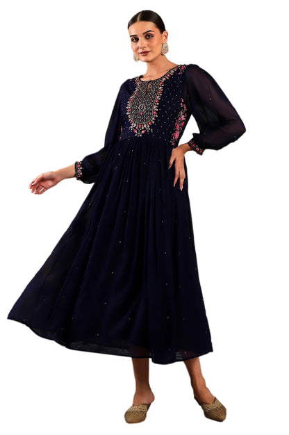 W Blue Floral Printed Synthetic Maxi Dress With Sequins For Women