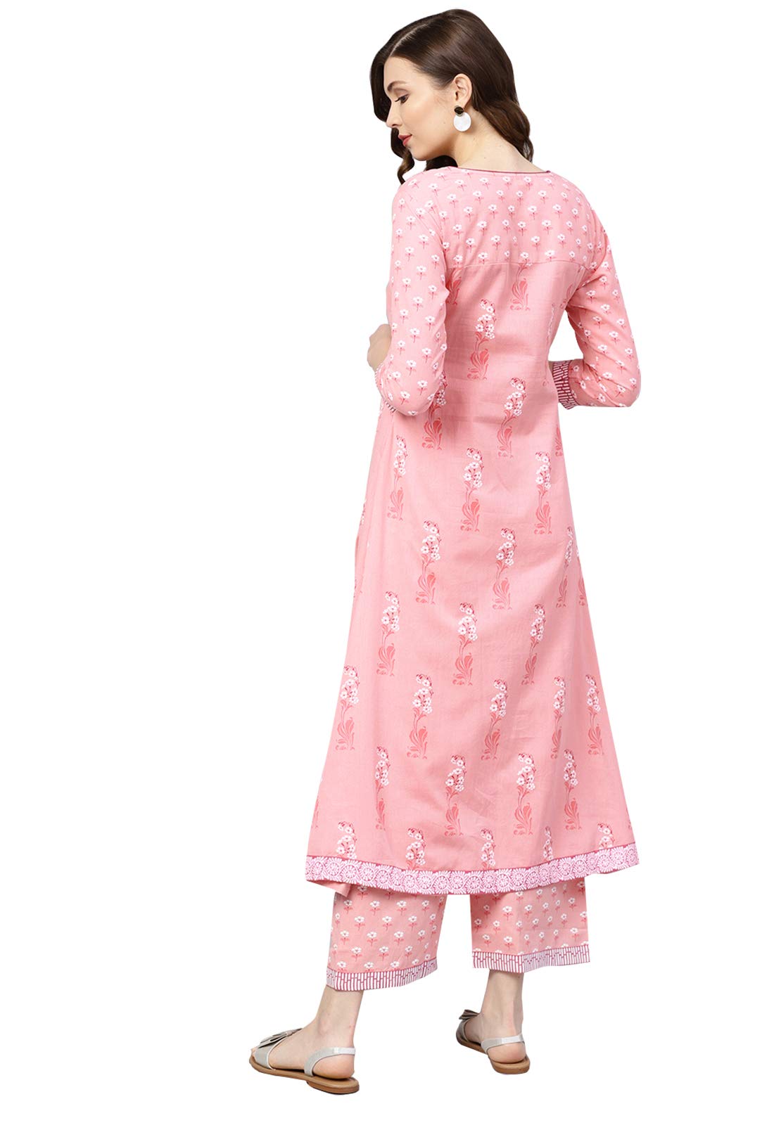 ishin Women's Pure Cotton Anarkali Printed Thread Work Floral print Pink Kurta suit set with Palazzo