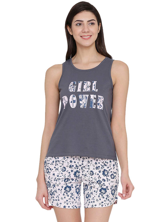 Clovia Womens Cotton Floral Top and Shorts Set Pack of 1 (LS0462P05L_Grey_Large)