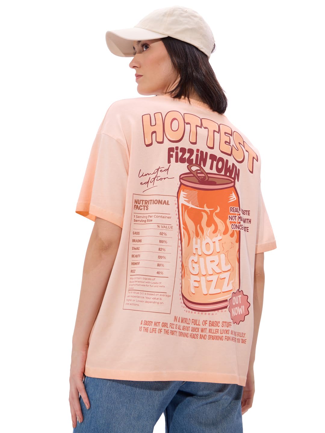 The Souled Store Hot Girl Fizz Women and Girls Short Sleeve Round Neck Black Graphic Printed Cotton Oversized T-Shirts