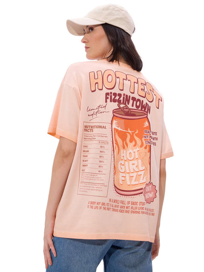 The Souled Store Hot Girl Fizz Women and Girls Short Sleeve Round Neck Black Graphic Printed Cotton Oversized T-Shirts