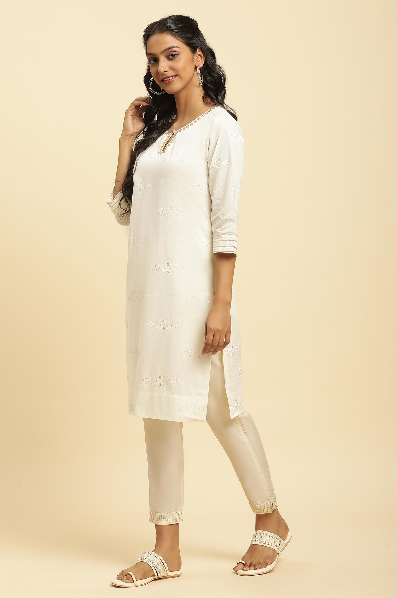 W for Woman Cotton Ecru Gitter Printed Embellished Kurta