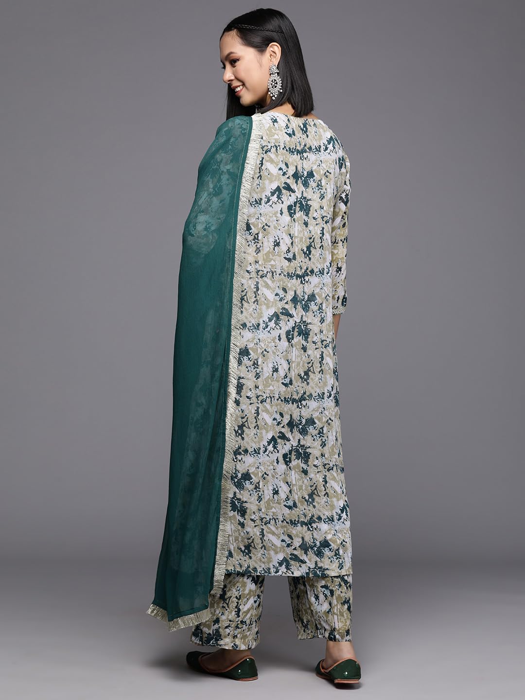 Varanga Women Women Beige And Teal Abstract Printed A-Line Kurta Paired With Tonal Bottom And Solid Dupatta