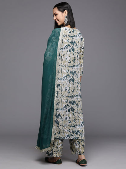 Varanga Women Women Beige And Teal Abstract Printed A-Line Kurta Paired With Tonal Bottom And Solid Dupatta