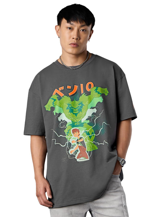 The Souled Store Ben 10 Omniverse: Shocksquatch Men and Boys Short Sleeves Round Neck Grey Graphic Printed Cotton Lightweight Co