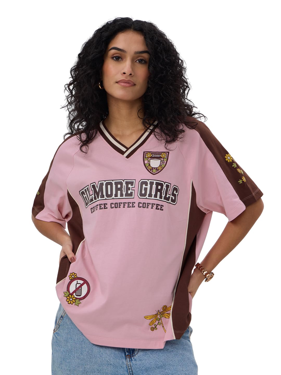 The Souled Store Gilmore Girls: Coffee Women and Girls Short Sleeves V Neck Pink Graphic Printed Cotton Oversized T-Shirts