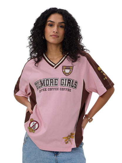 The Souled Store Gilmore Girls: Coffee Women and Girls Short Sleeves V Neck Pink Graphic Printed Cotton Oversized T-Shirts