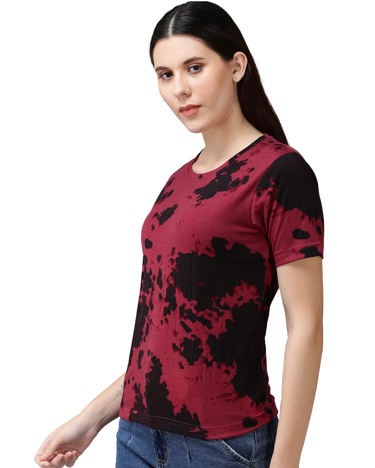 Juneberry Pure Cotton Regular Fit Half Sleeves Round Neck Maroon Tie & Dye T-Shirt For Women