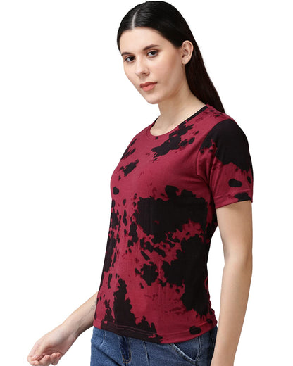 Juneberry Pure Cotton Regular Fit Half Sleeves Round Neck Maroon Tie & Dye T-Shirt For Women