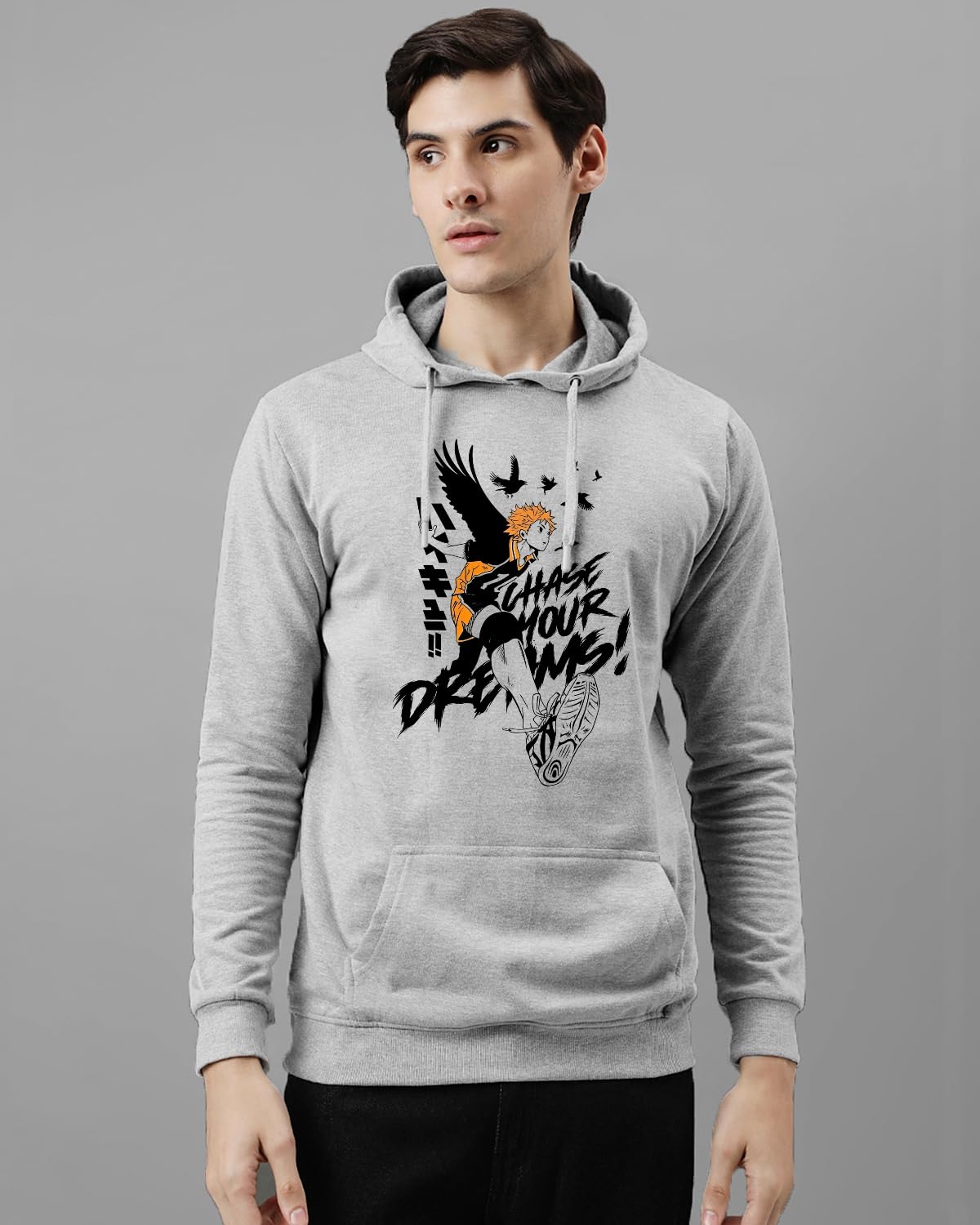 ADRO Men's Cotton Neck Hooded Sweatshirt (H24-M-DREAM-GR_Grey