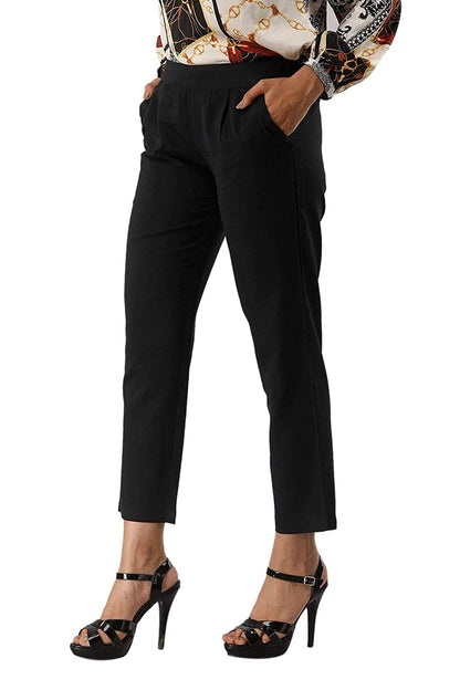 Digital Shopee Women Cotton Regular Fit Elastic Waist Casual Ankle Pant Trouser With Two Side Pocket Black