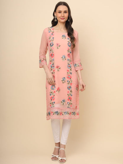 Ekasya WomenS Georgette Straight Cut Round Neck Kurta With Beautiful Embroidery Work (E1628) - Elegant Design, Intricate Embroi