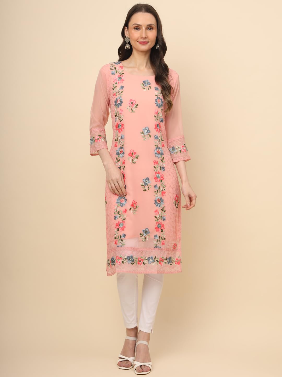Ekasya WomenS Georgette Straight Cut Round Neck Kurta With Beautiful Embroidery Work (E1628)For An Elegant And Sophisticated Lo