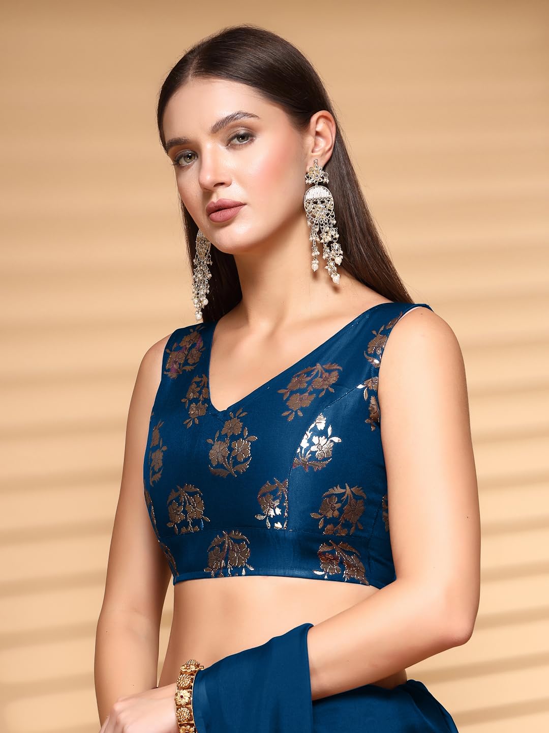 Oomph! Readymade Blouse For Women, Brocade, Sleeveless, V-Neck, Rbbl674