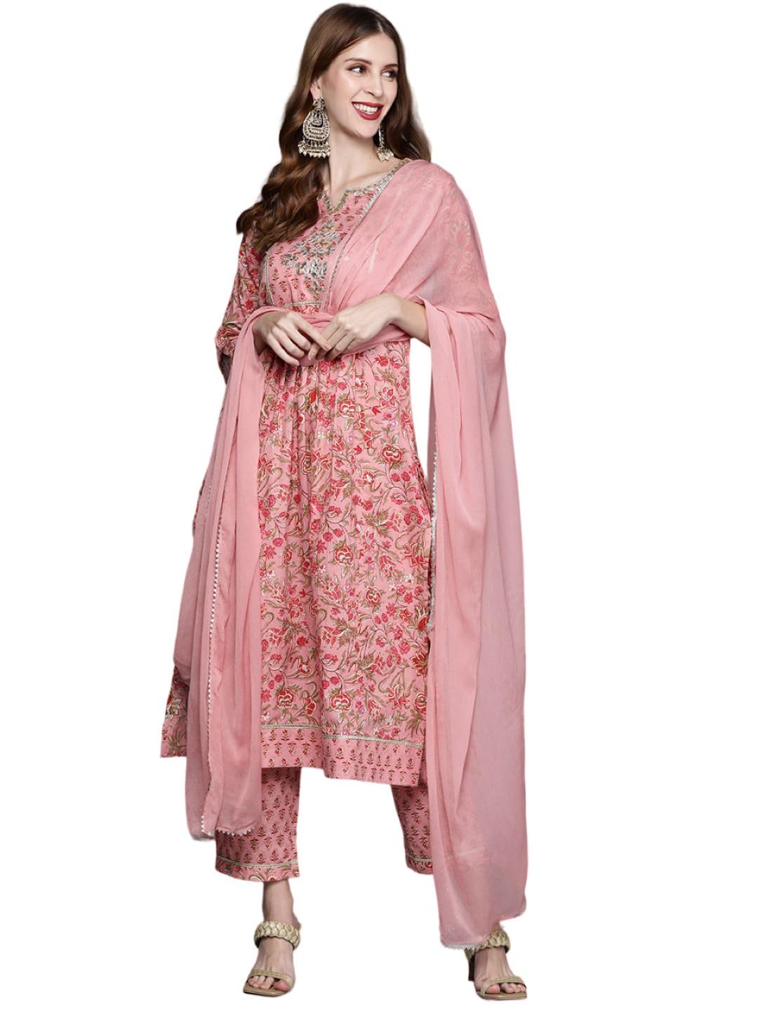 Varanga Women Floral Printed Embroidered Kurta With Straight Pant And Chiffon Dupatta Pink