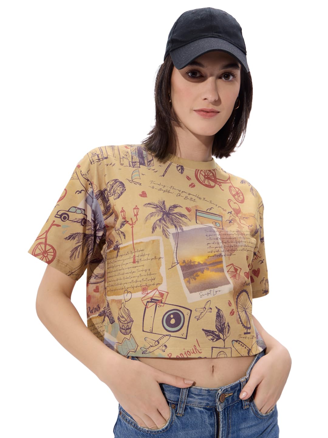 The Souled Store Explorer Women and Girls Short Sleeves Round Neck Brown All Over Printed Cotton Oversized Cropped T-Shirts