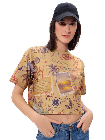 The Souled Store Explorer Women and Girls Short Sleeves Round Neck Brown All Over Printed Cotton Oversized Cropped T-Shirts