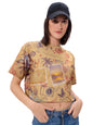 The Souled Store Explorer Women and Girls Short Sleeves Round Neck Brown All Over Printed Cotton Oversized Cropped T-Shirts