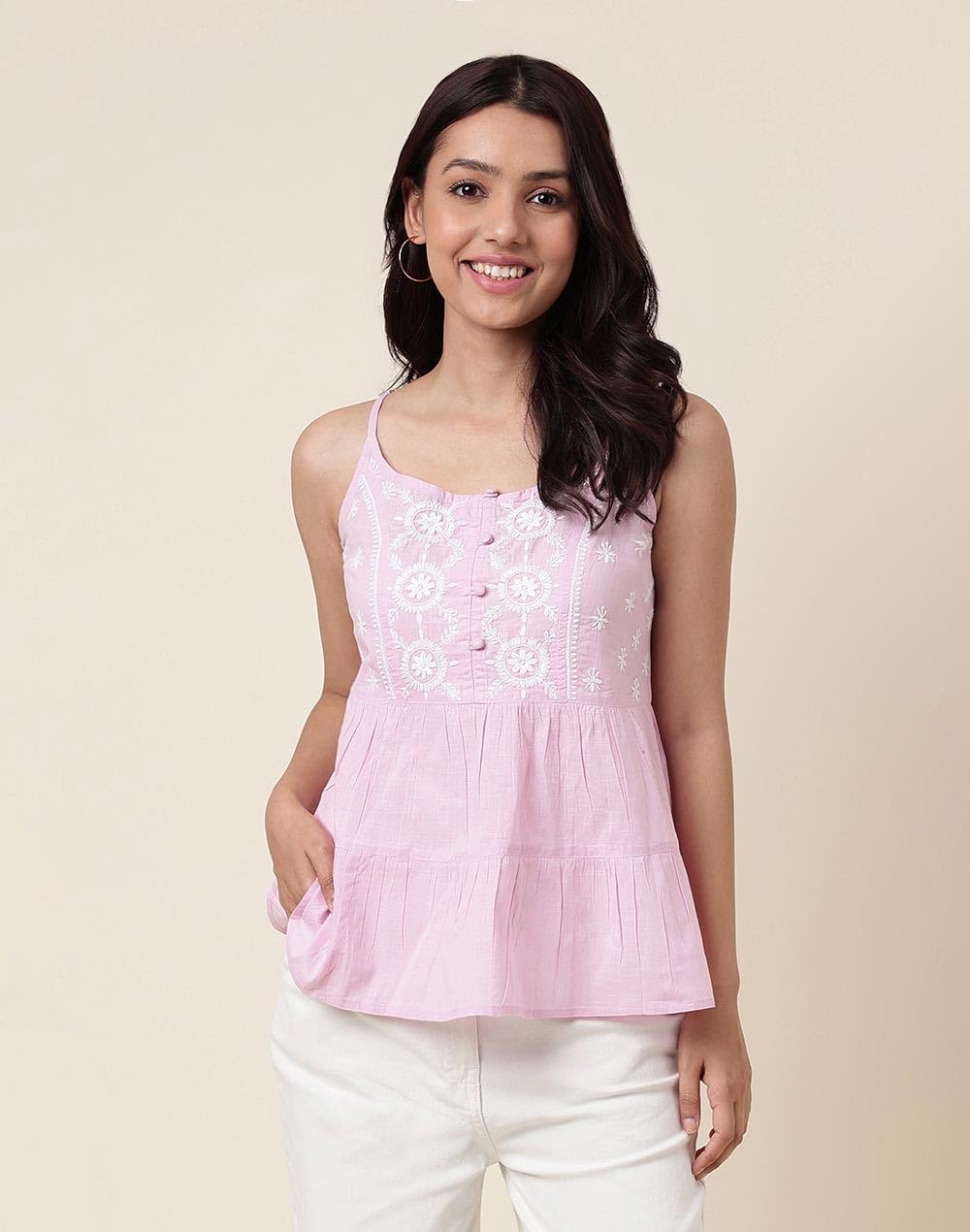 Fabindia Women's Embroidered Slim Fit Top (2108813LAVENDER_Lavender