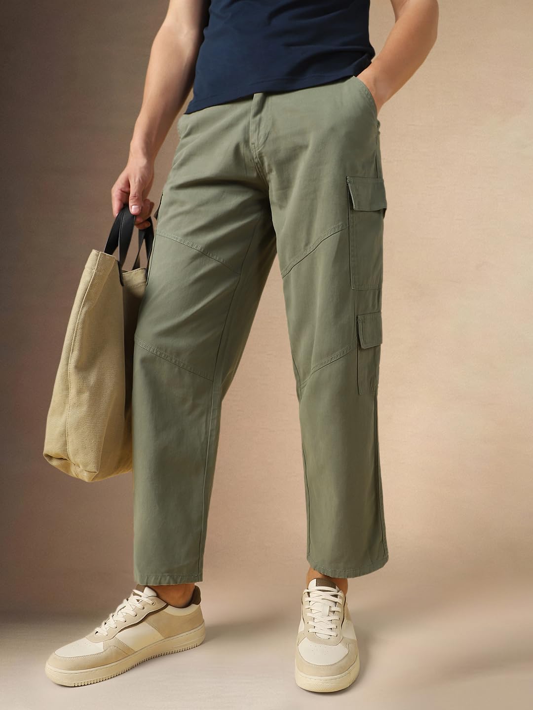 Dennis Lingo Mens Sage Solid Cotton Loose Fit Cargo Trouser