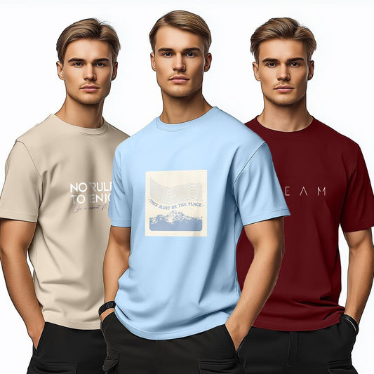 Nobero MenS Graphic Printed Regular Fit T-Shirt (1M-Twts-C0948-216X_Sand / Powder Blue/Wine Red