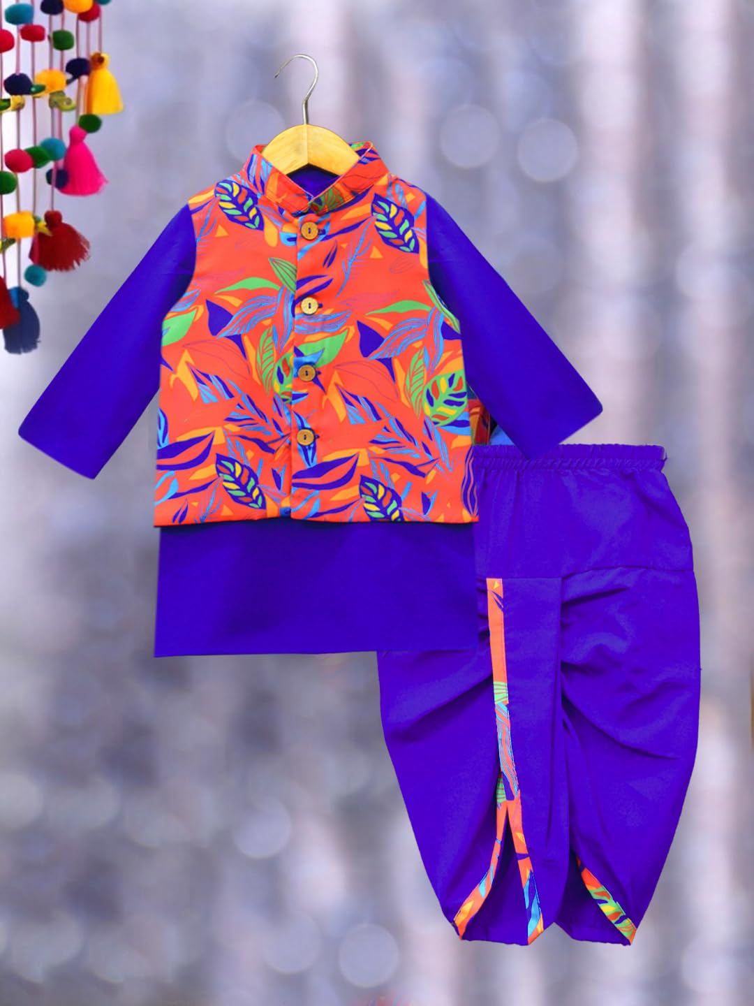 A.T.U.N. (All Things Uber Nice) Boys Royal Blue Wine Kurta Dhoti With Red Abstract Printed Nehru Jacket (3 Piece Set)