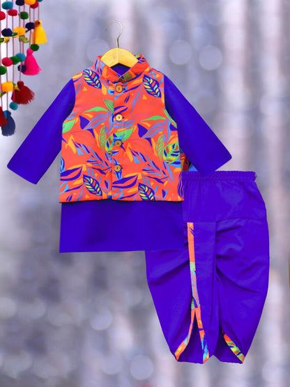 A.T.U.N. (All Things Uber Nice) Boys Royal Blue Wine Kurta Dhoti With Red Abstract Printed Nehru Jacket (3 Piece Set)