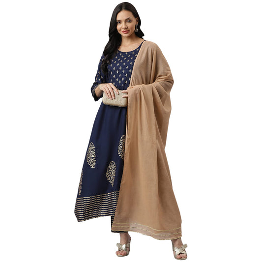 Stylum Women's Gold Printed Rayon Flared Kurta Pant Dupatta Set (Navy Blue)
