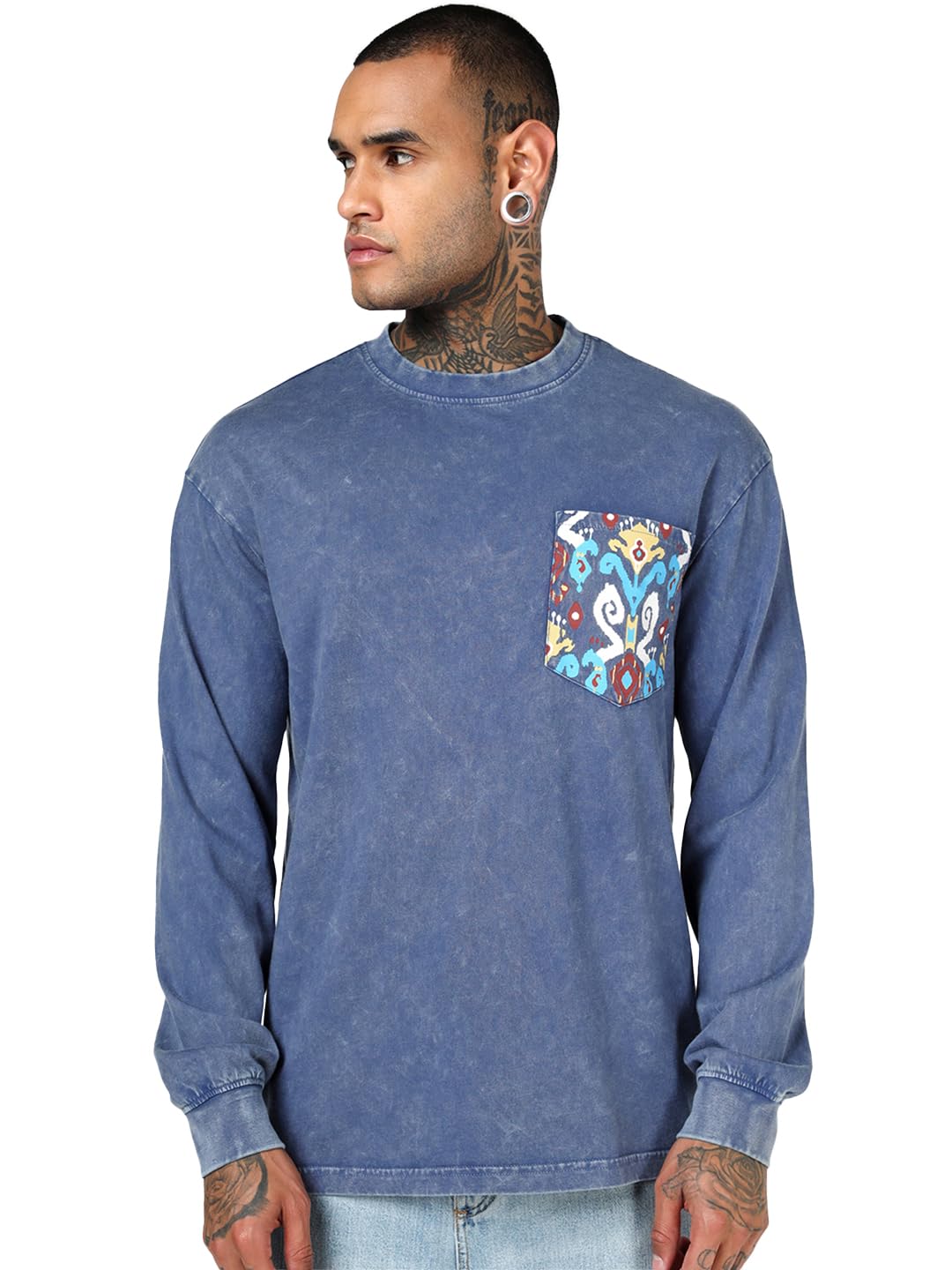 Bewakoof MenS Washed Oversized Fit Full Sleeve Round Neck Pure Cotton T-Shirt_685367_Blue_Xl