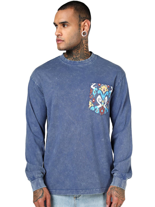 Bewakoof MenS Washed Oversized Fit Full Sleeve Round Neck Pure Cotton T-Shirt_685367_Blue_Xl
