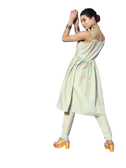 ZIYAA Women's Pista Green Chinon A-line Kurta And Pant Set(ZIKUCH3781ANDPA)