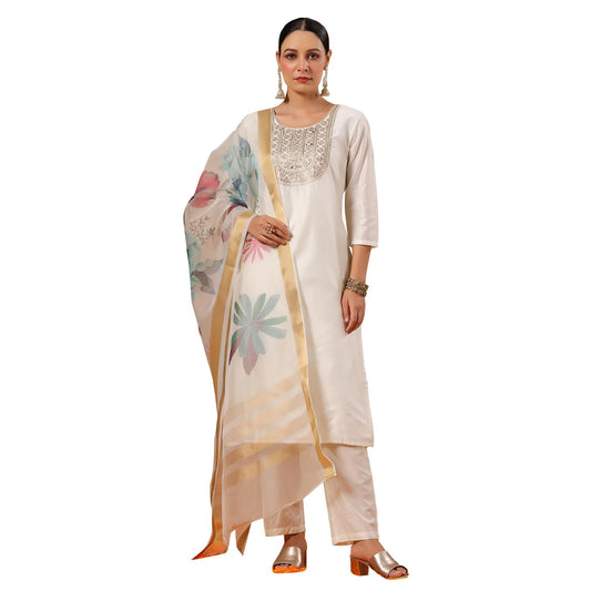 ishin Women's Poly Silk Yoke Design Zari Off White Straight Kurta Suit Set with Trousers and Dupatta
