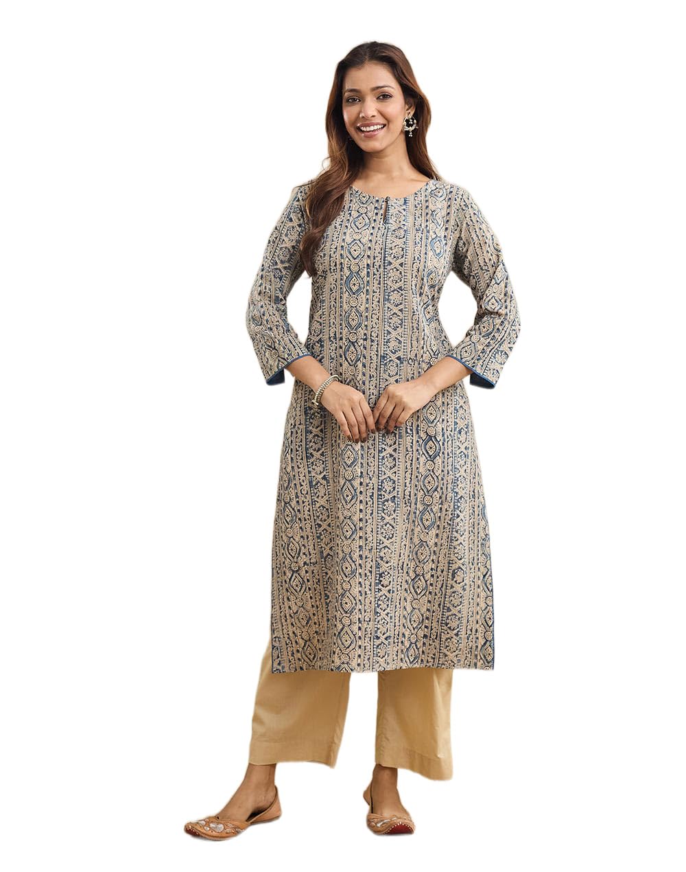 Fabindia Women'S Indigo Cotton Printed Kalamkari Slim Fit Long Kurta