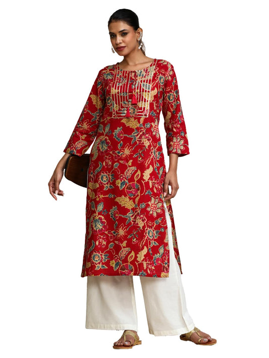 Varanga Women Bold Floral Printed With Lace Gota Patti Detailed Yoke Kurta Red