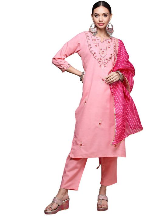 anubhutee Women's Pink Yoke Floral Embroidered Kurta set with Trousers and Dupatta
