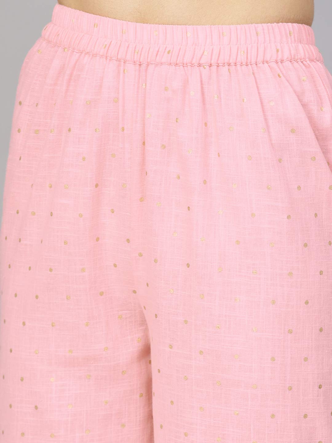 Idalia WomenS Baby Pink Gold Printed Flared Cotton Kurta Set With Palazzo Pant