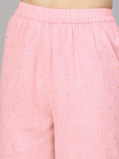 Idalia WomenS Baby Pink Gold Printed Flared Cotton Kurta Set With Palazzo Pant