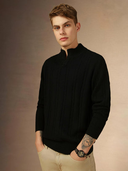 Dennis Lingo Men Black Solid Slim Fit Full Sleeve Mock Collar Pullover Sweater