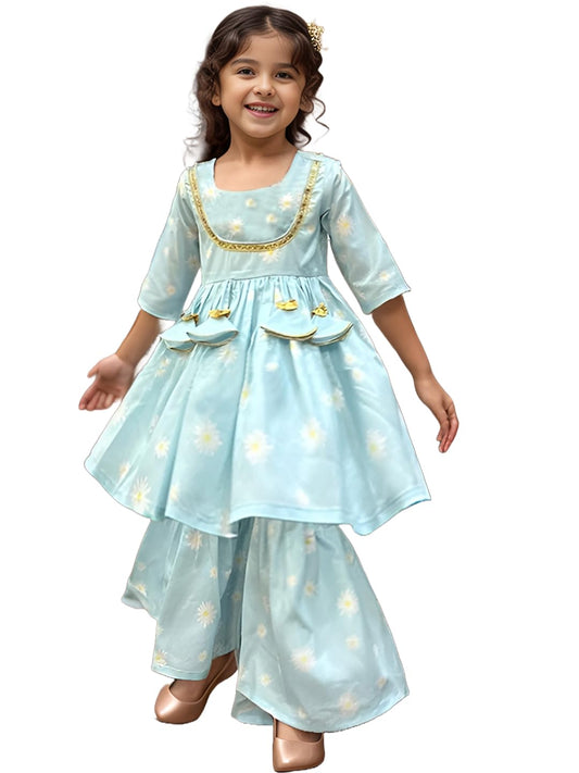A.T.U.N. (All Things Uber Nice) A.T.U.N. Girls Ethnic Wear Sharara | Blue Printed Kurta With Sharara Set For Girls