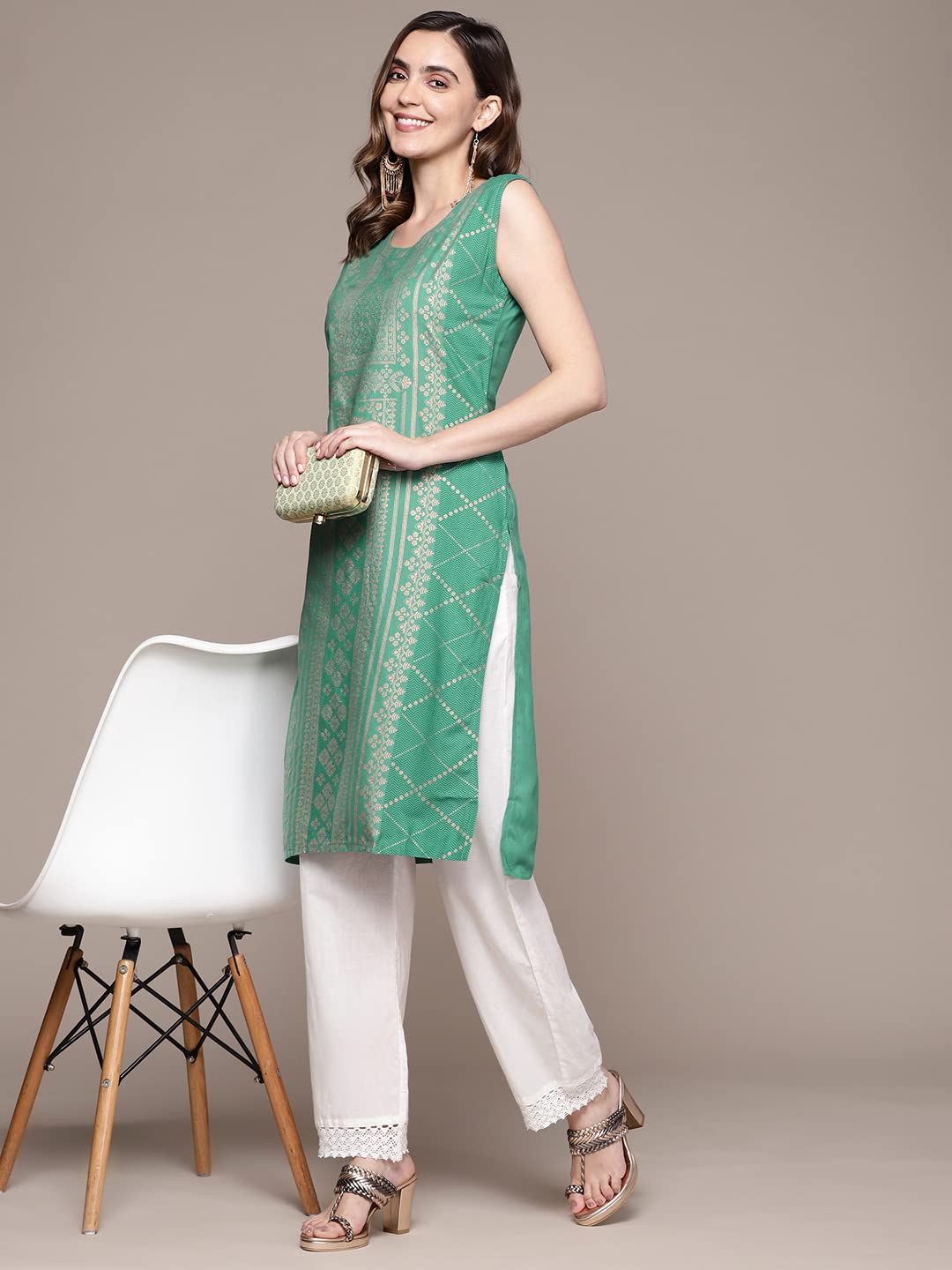 anubhutee Women's Rayon sea Green Foil Print Geometric Printed Straight Kurta