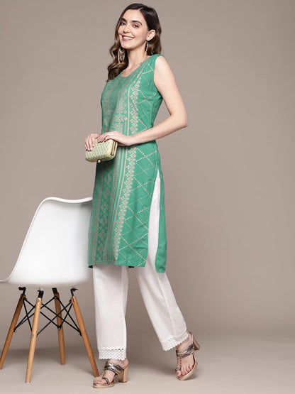 anubhutee Women's Rayon sea Green Foil Print Geometric Printed Straight Kurta