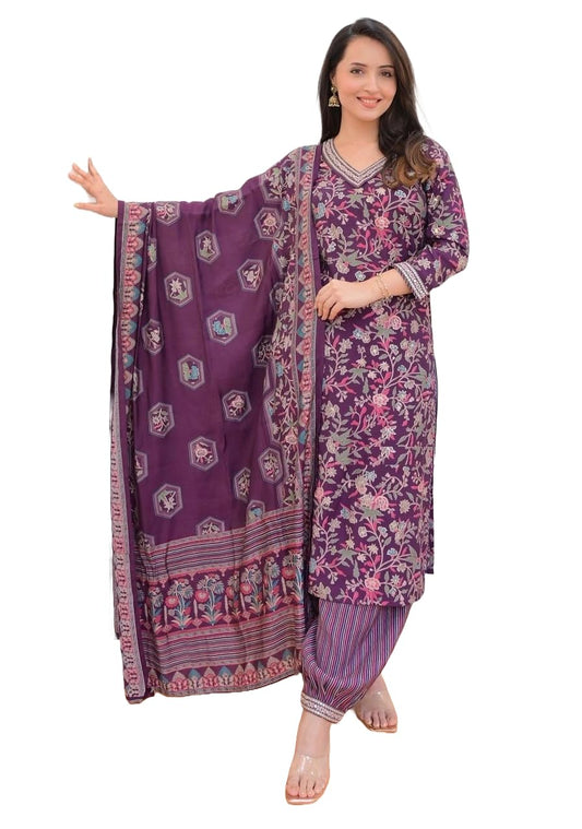 Nermosa Women Embroidery and Printed V-Neck Kurta and Pant Set with Dupatta